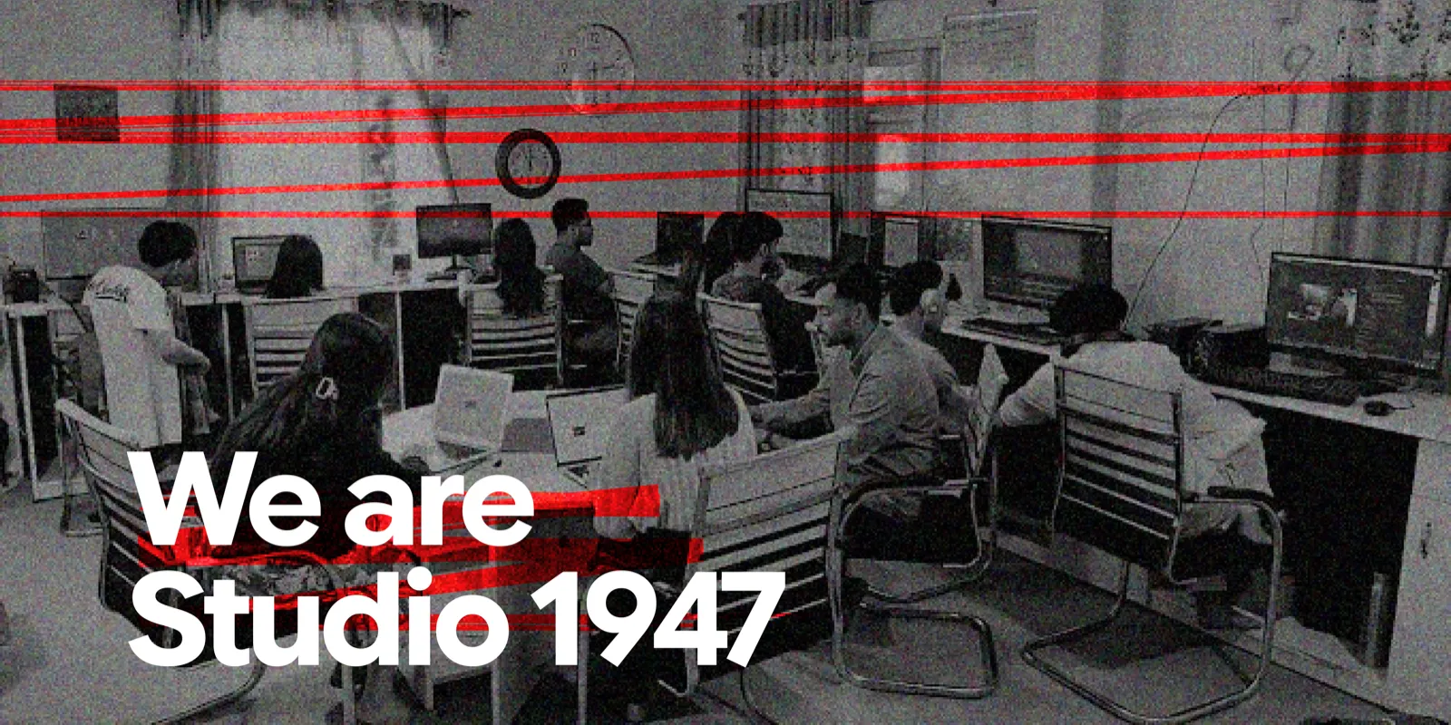 The Studio 1947 team at work in the Mirik studio, overlaid with the words We are Studio 1947