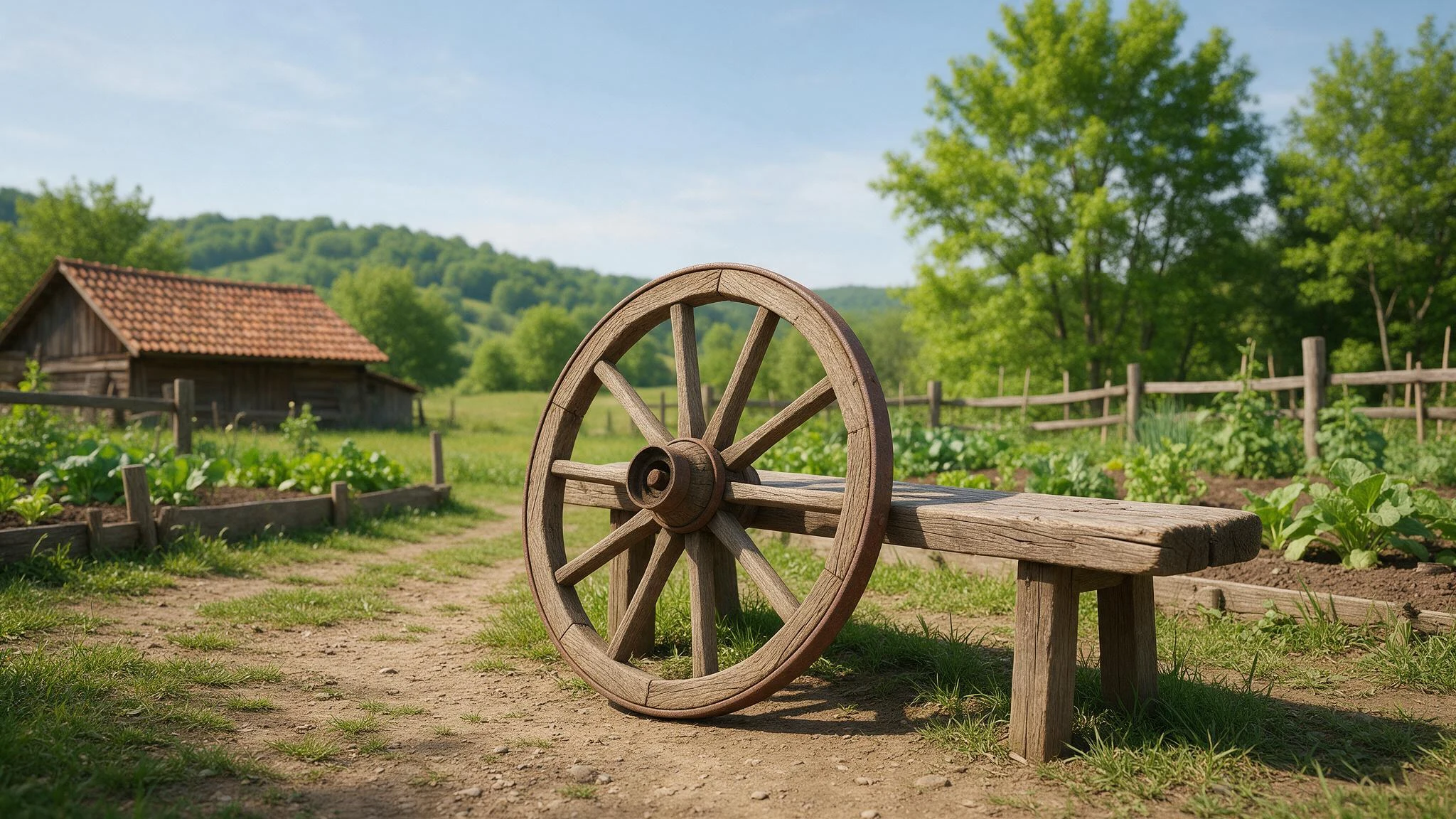 A wooden cart wheel leaning against a bench beside a farmhouse and kitchen garden