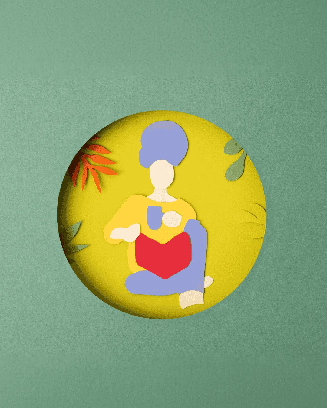 Paper-cut illustration of a person seated cradling a red heart, surrounded by leaves