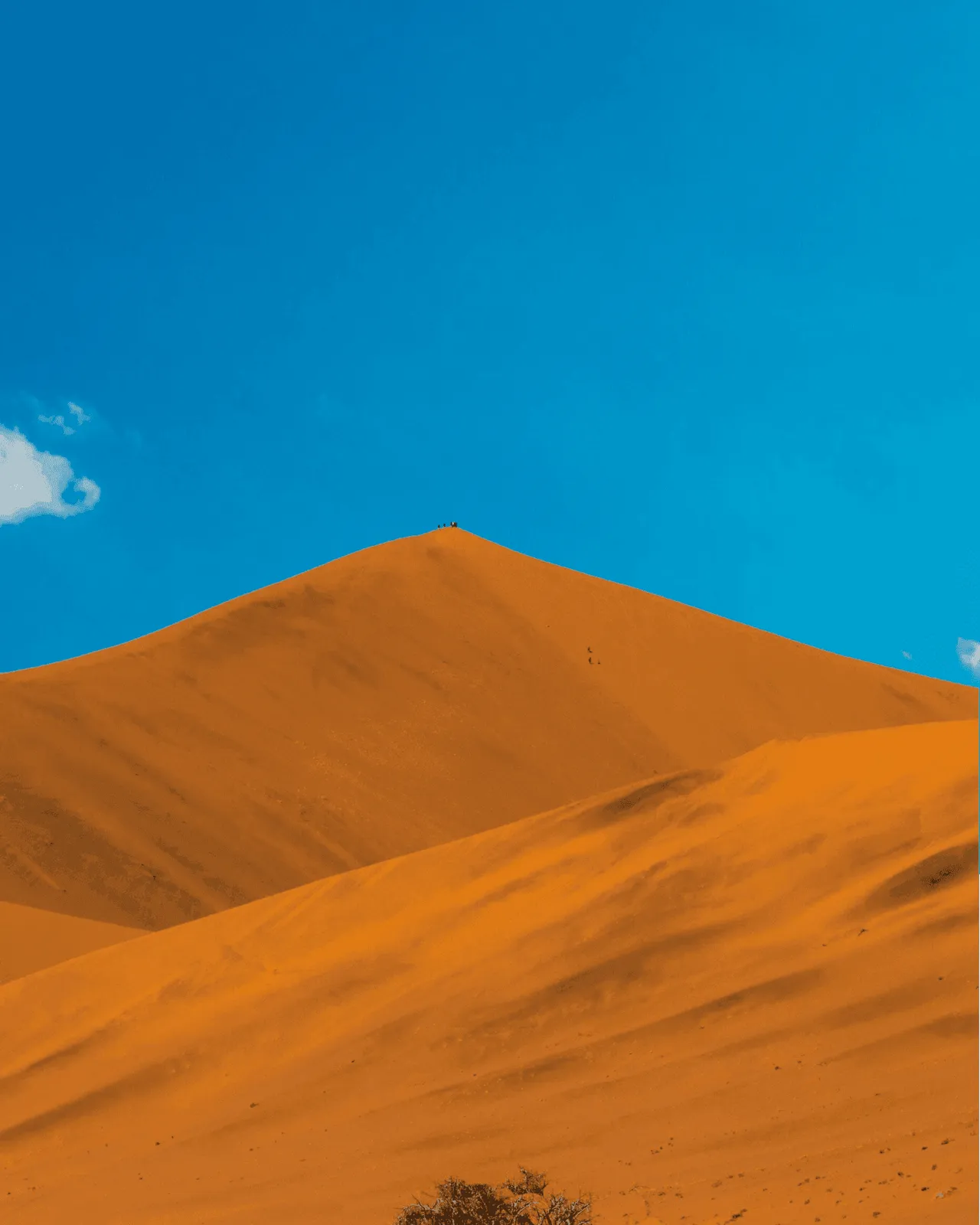 A vast orange sand dune rising against a deep blue sky, with tiny figures standing on its crest
