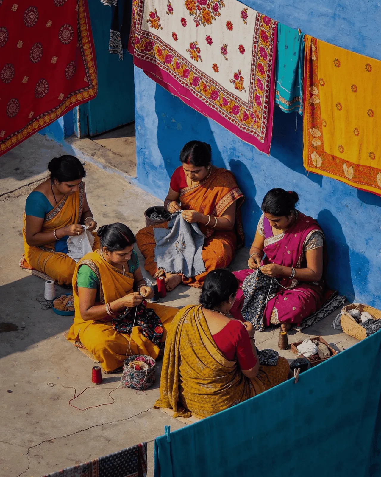 Women of a Bengal village seated together embroidering Nakshi Kantha, finished quilts hung on the wall behind them