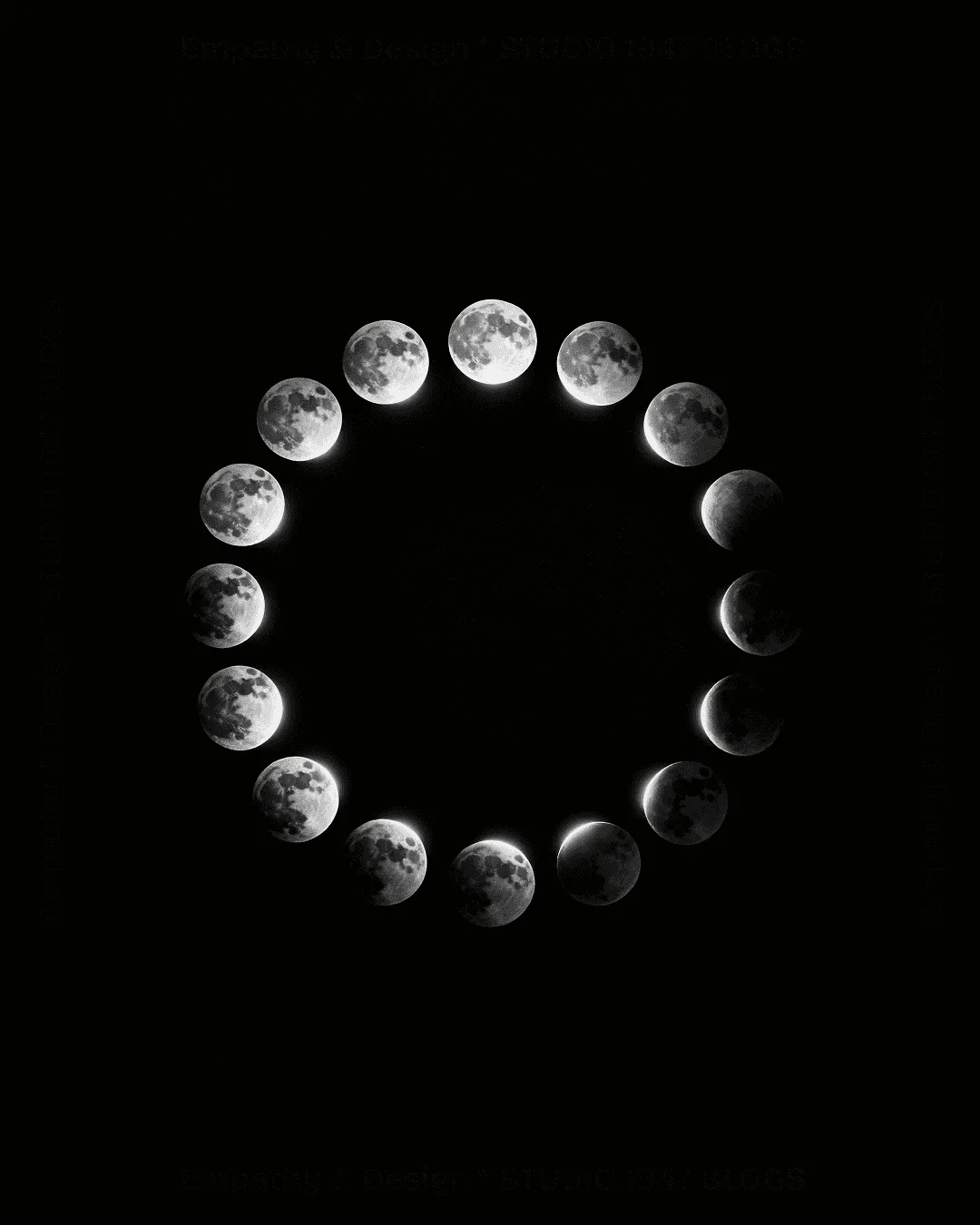 A circle of moon phases against a black sky, from full moon through crescent to new moon