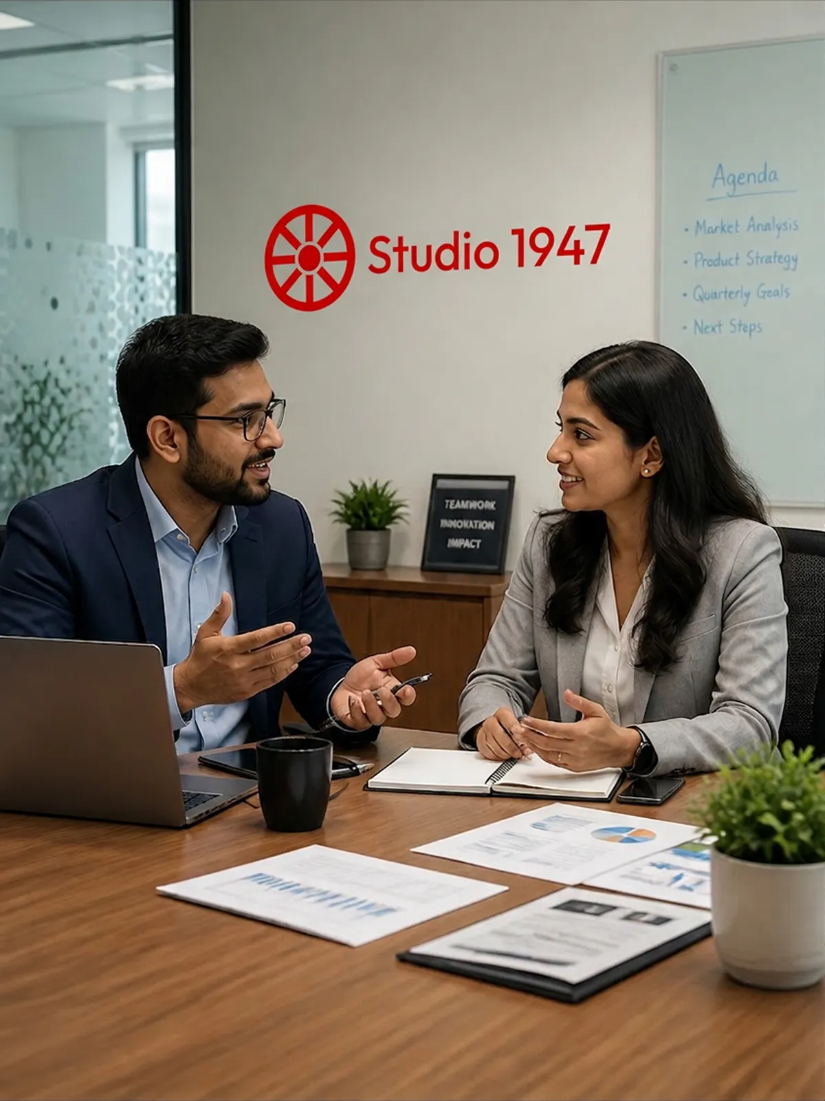 Two colleagues discussing product strategy in a meeting