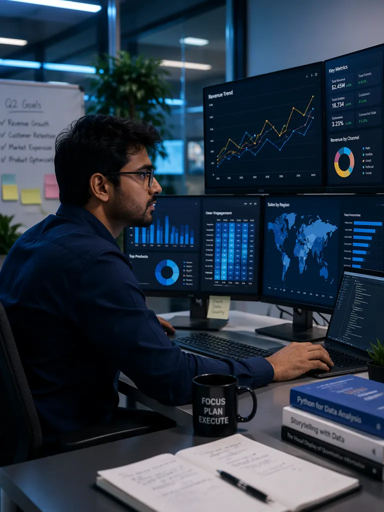 A data analyst studying dashboards on multiple screens