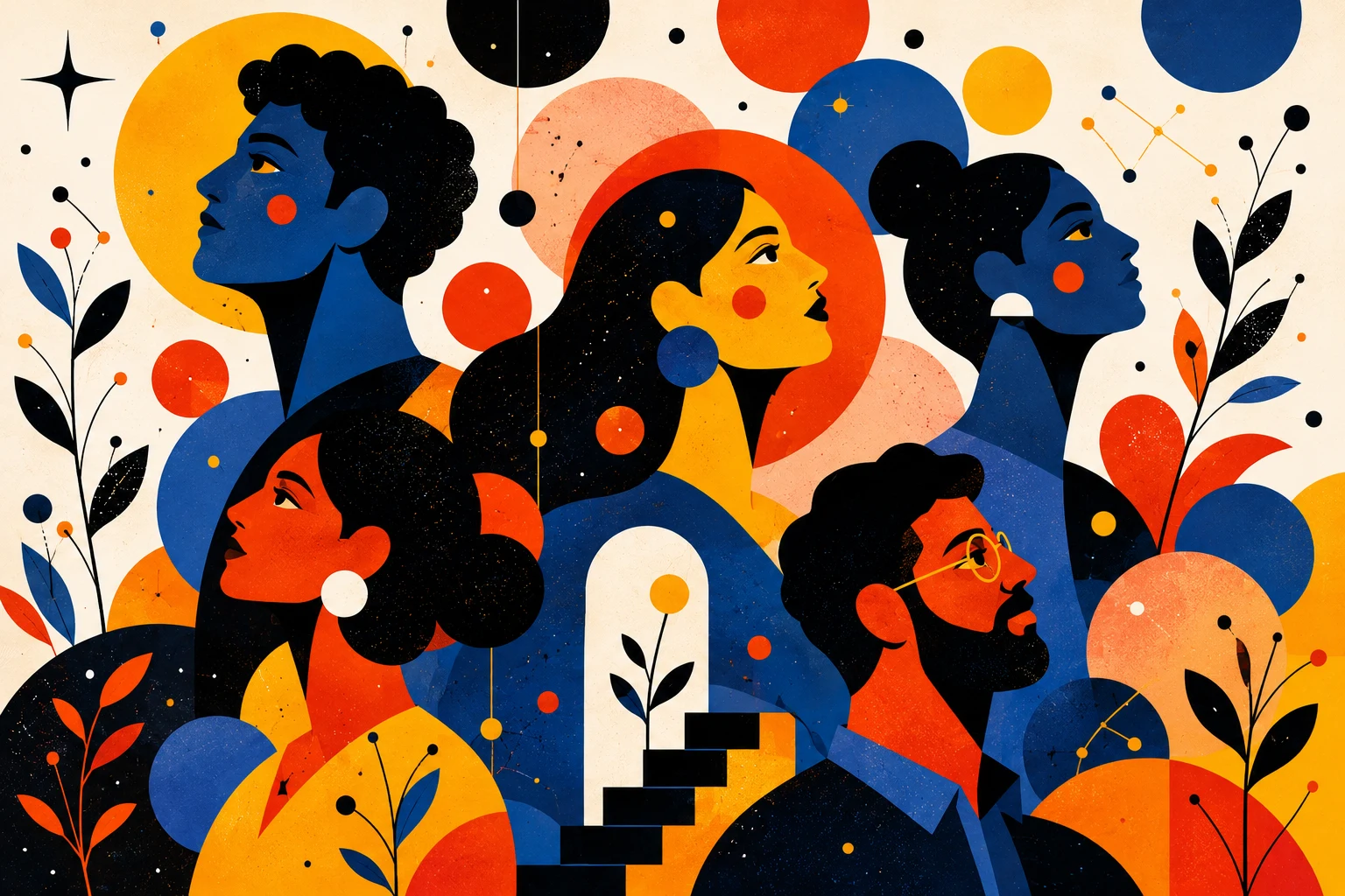 Abstract illustration of five young people looking upward together toward a starry sky, in a bold red, orange, yellow and navy palette