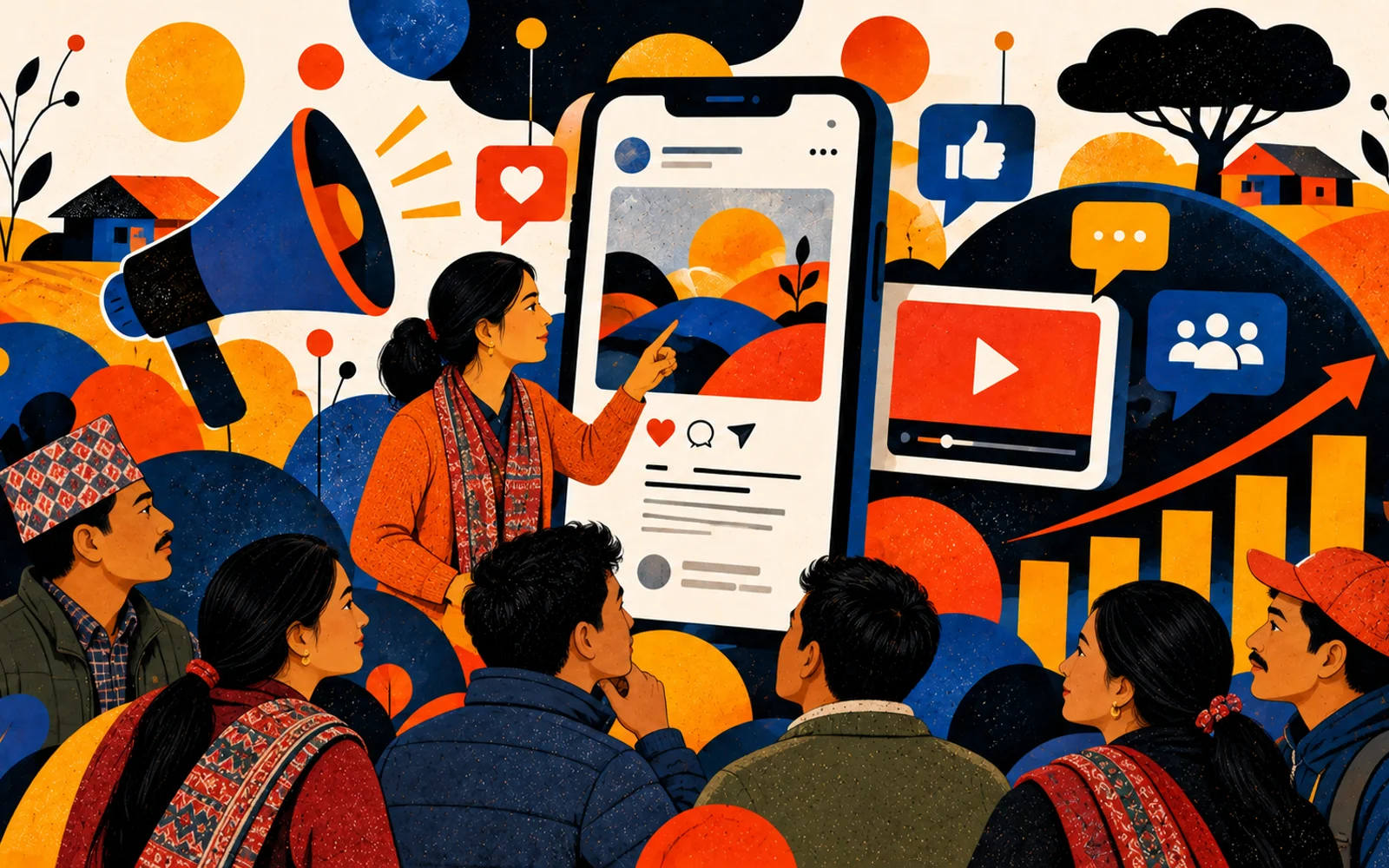 Solutions for Local Businesses: a local marketer showing a family's social media growth on a smartphone, with likes, comments and engagement icons around them