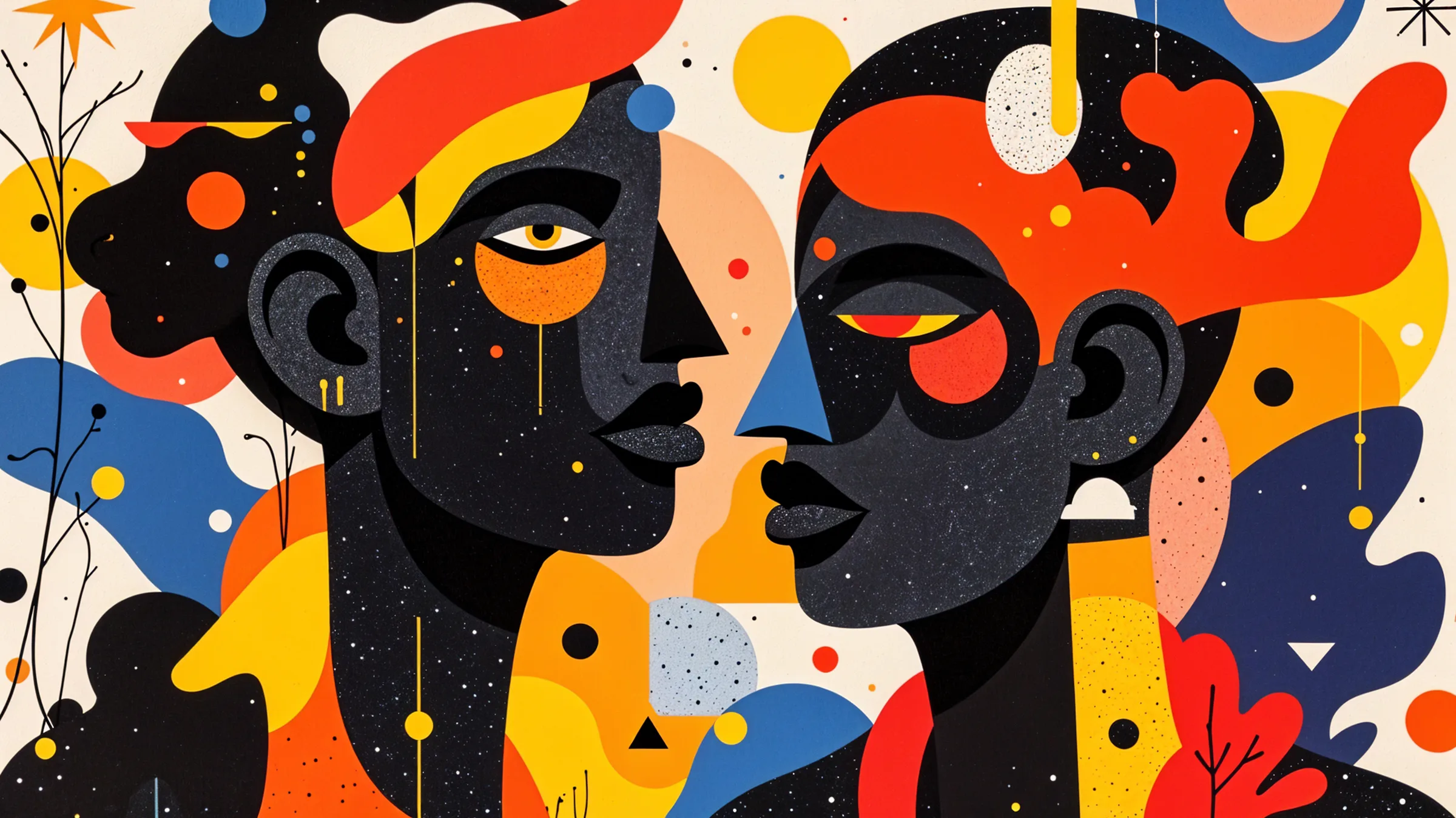 Abstract illustration of two faces in profile, facing each other, in a bold red, orange, yellow and black palette
