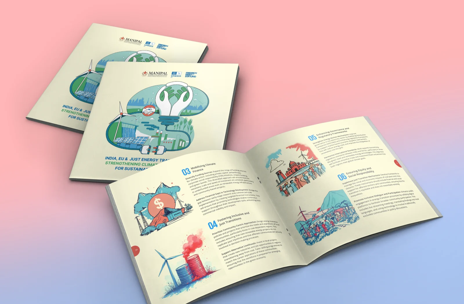 A Friedrich Ebert Stiftung booklet on India, the EU and just energy transitions, shown closed and open to an illustrated spread