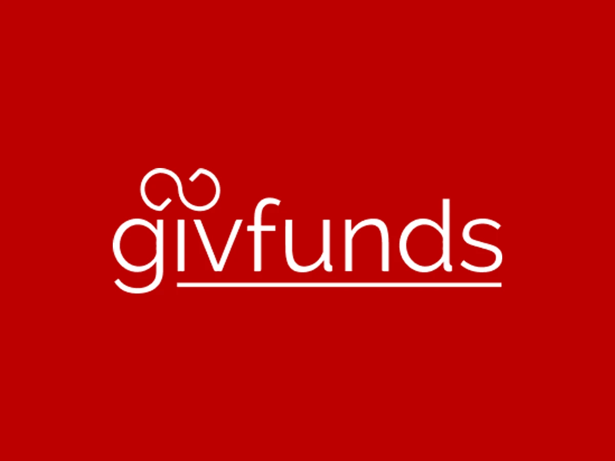 The givfunds logo: a white lowercase wordmark with an infinity mark over the g and v, underlined, on brand red