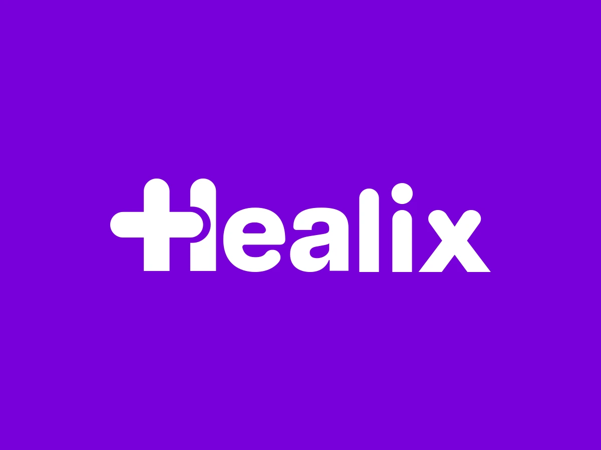 The Healix wordmark: a medical cross forming the H, in white, on brand purple