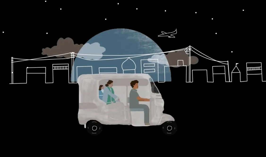 Local Futures animation still: an auto-rickshaw carrying a family through a line-drawn town at night, a blue moon behind