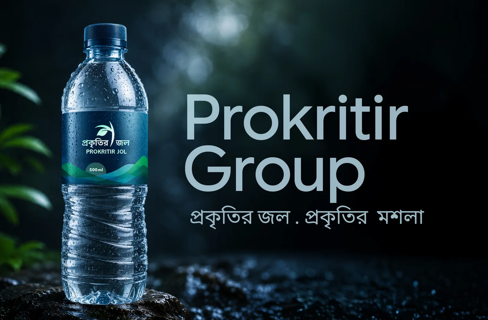 Prokritir Jol, a 500 ml bottle of packaged drinking water by Prokritir Group, on wet rock in a rain-dark forest