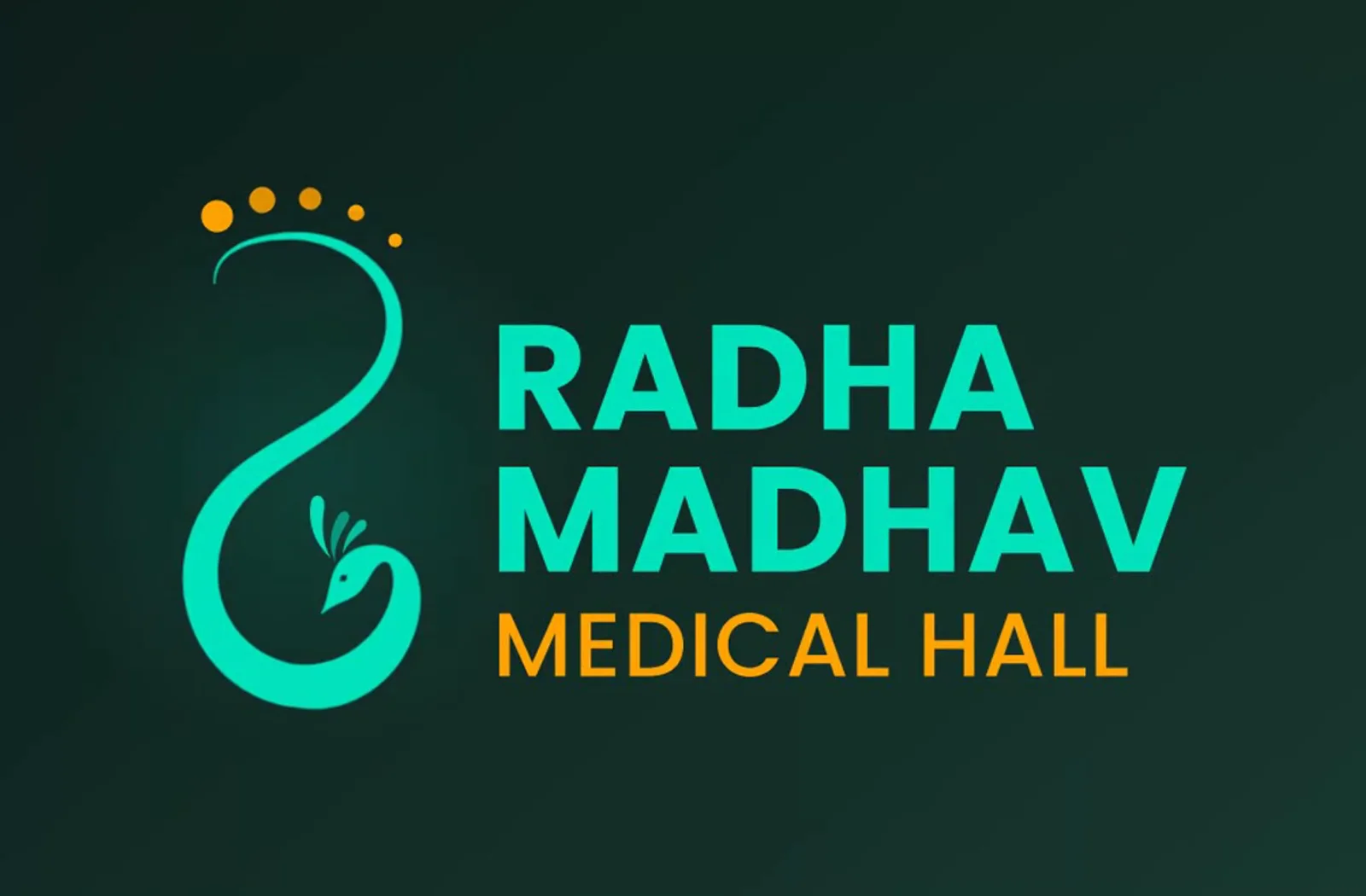 Radha Madhav Medical Hall logo: a teal peacock-feather curl with saffron dots