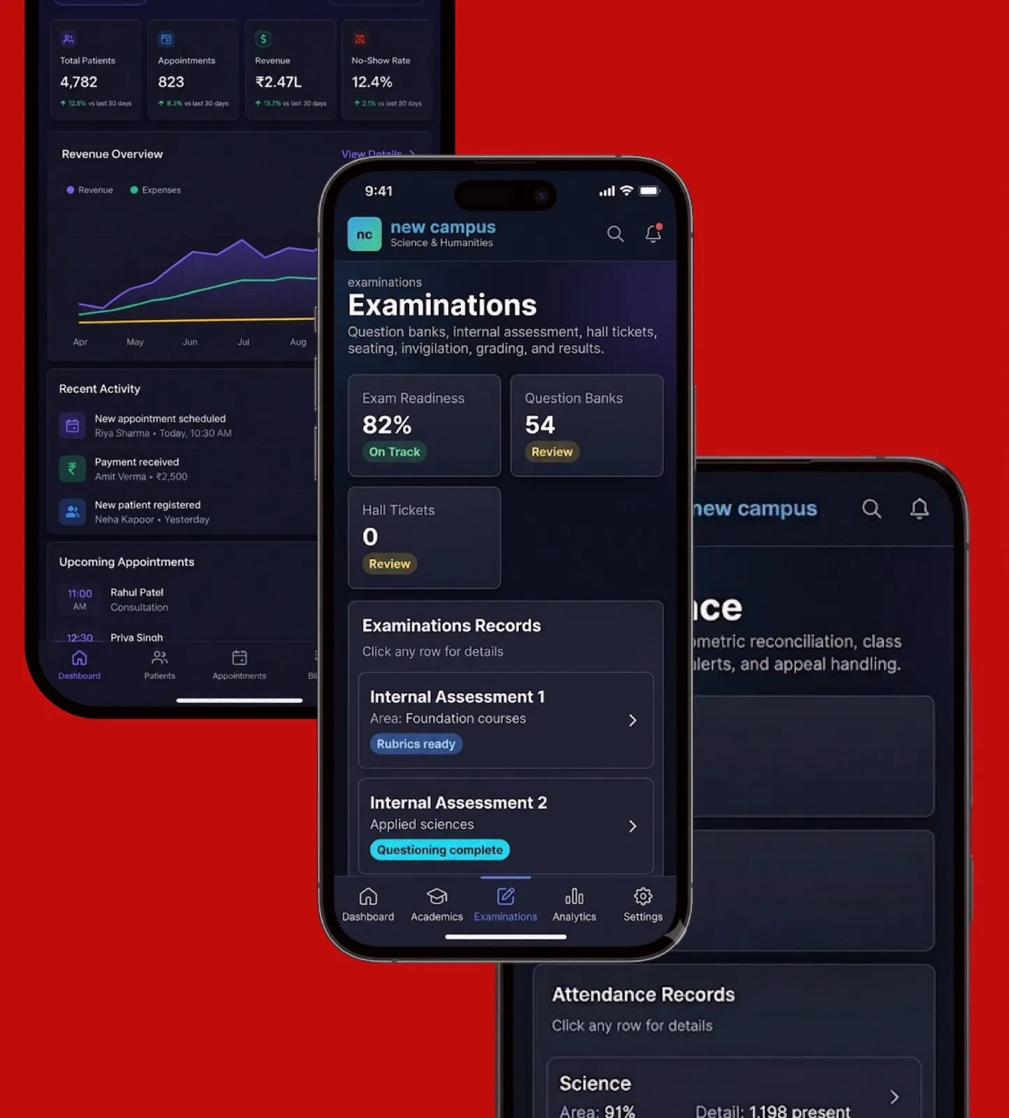 Doptor Campus Manager shown across mobile app screens — dashboard, examinations and analytics
