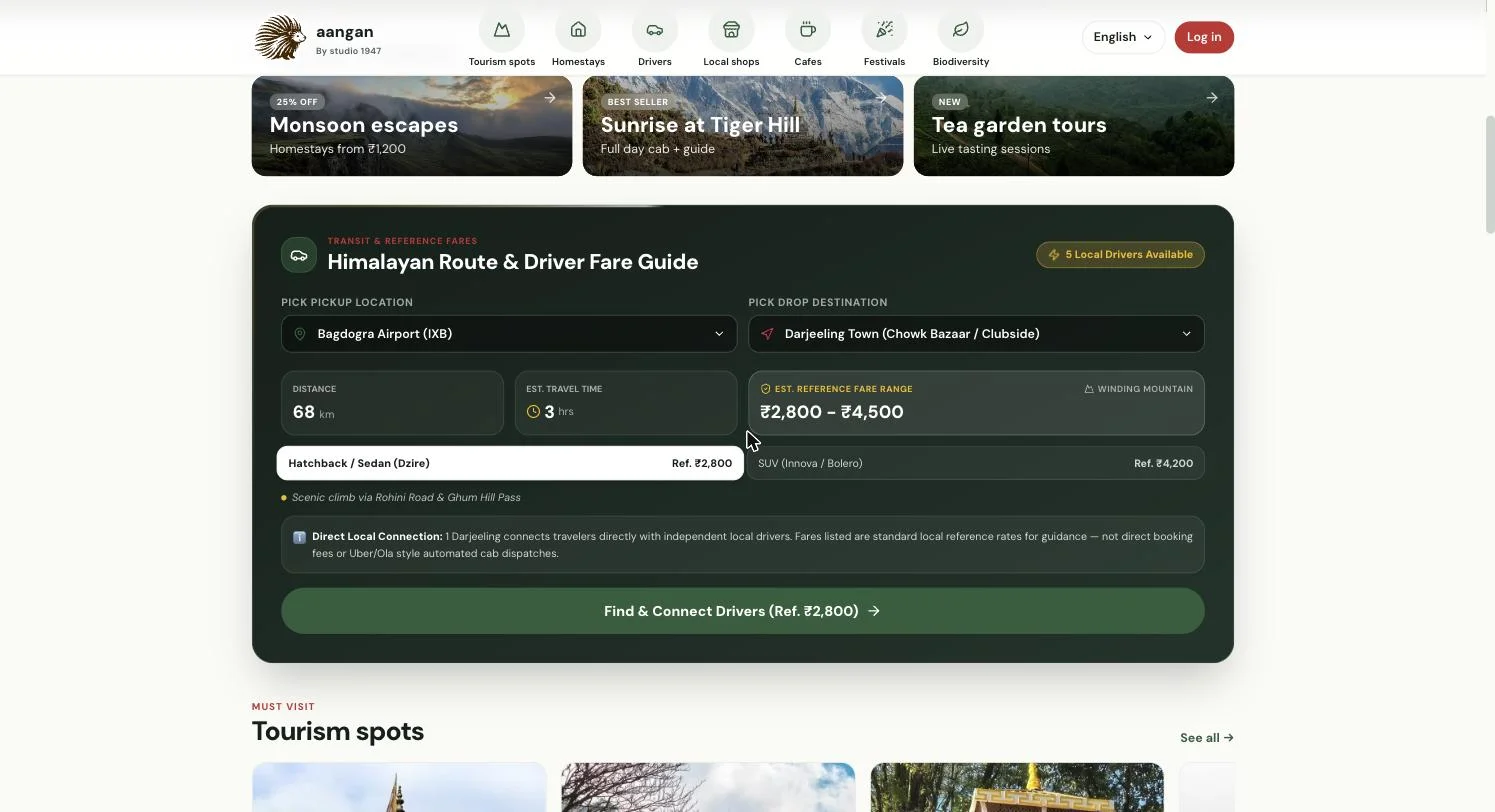 Aangan's Himalayan Route & Driver Fare Guide: pickup and drop location pickers, distance, travel time and a reference fare range