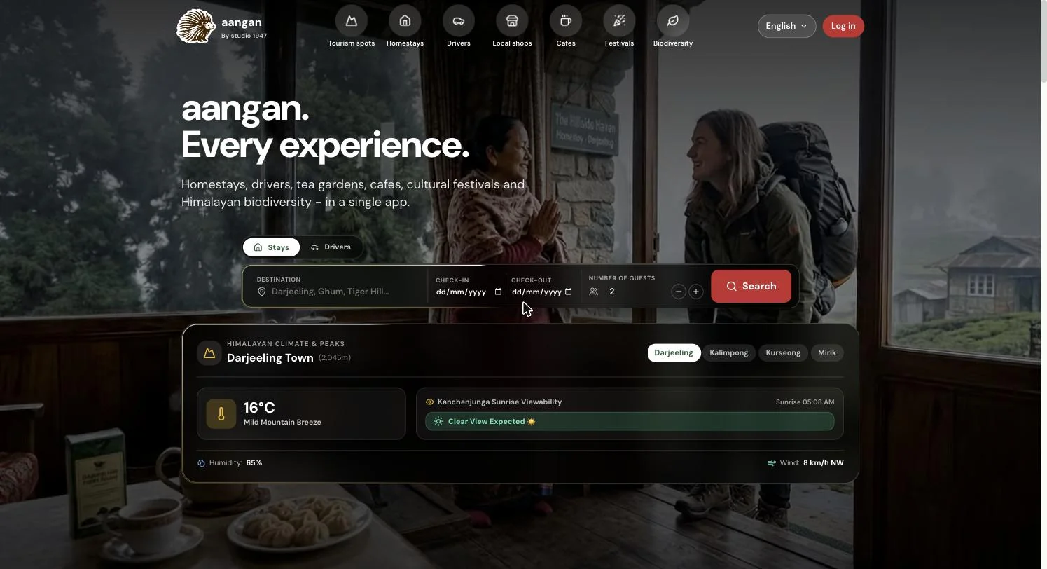 The Aangan homepage: a homestay search bar over a hero photo, with live Darjeeling weather and Kanchenjunga sunrise visibility