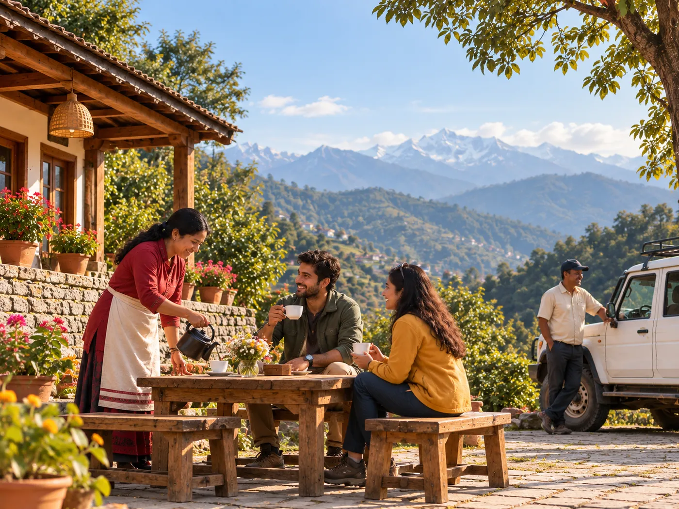 A host pouring tea for travellers at a courtyard table, with snow peaks behind