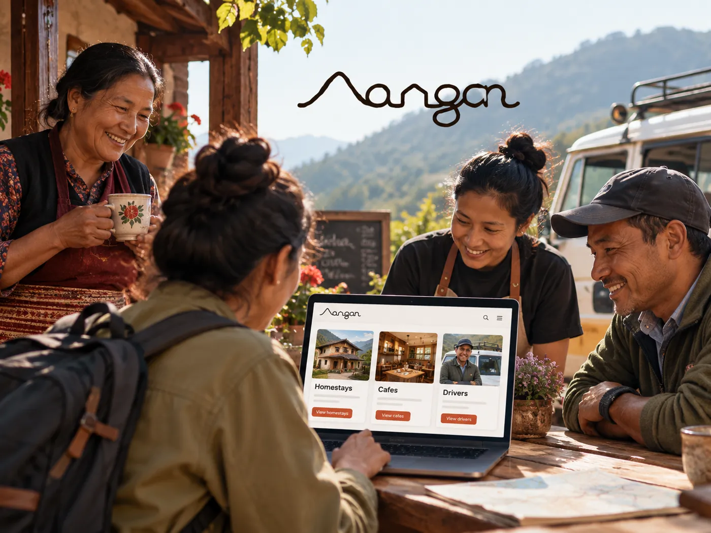 A traveller browsing homestays, cafes and drivers on Aangan while local hosts look on