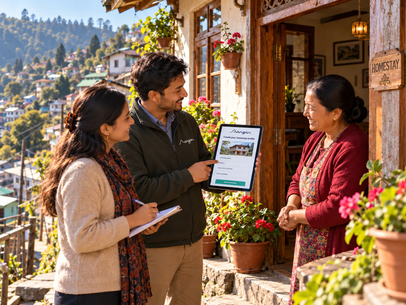 The Aangan team showing a homestay owner how to create her profile on a tablet