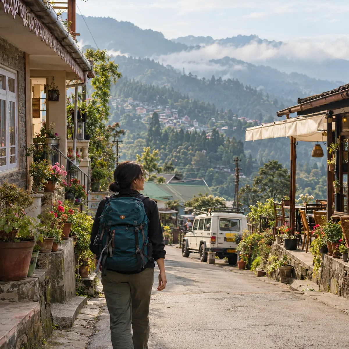 A traveller with a backpack walking down a misty hill-town lane past cafes and a parked jeep