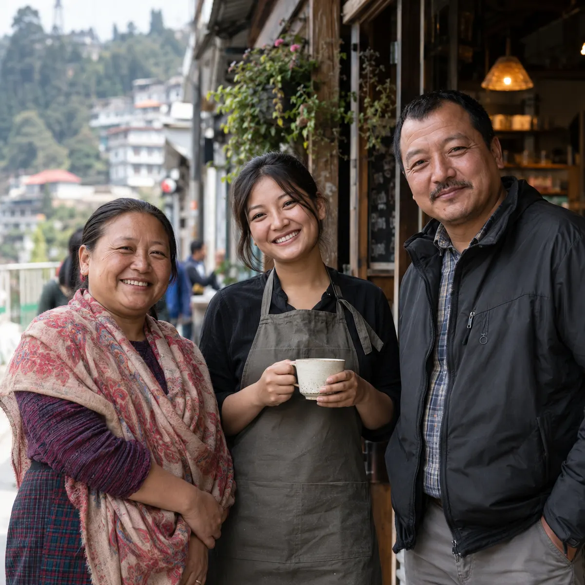 Three locals smiling outside a café, one holding a cup of tea