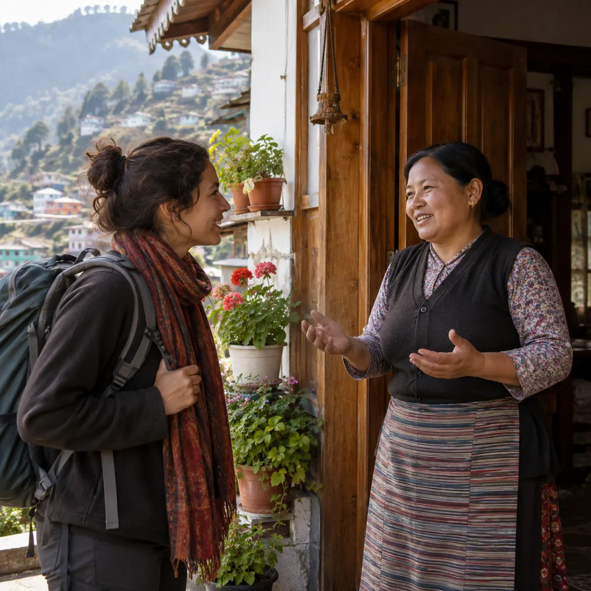 A traveller and a homestay host chatting warmly at her door