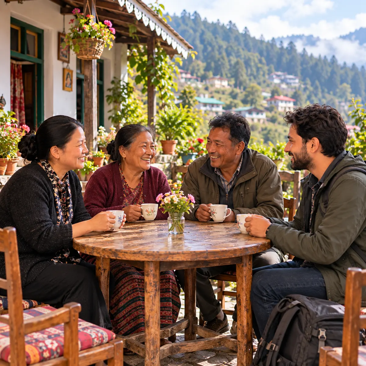 Hosts and travellers sharing tea around a table in a Darjeeling courtyard