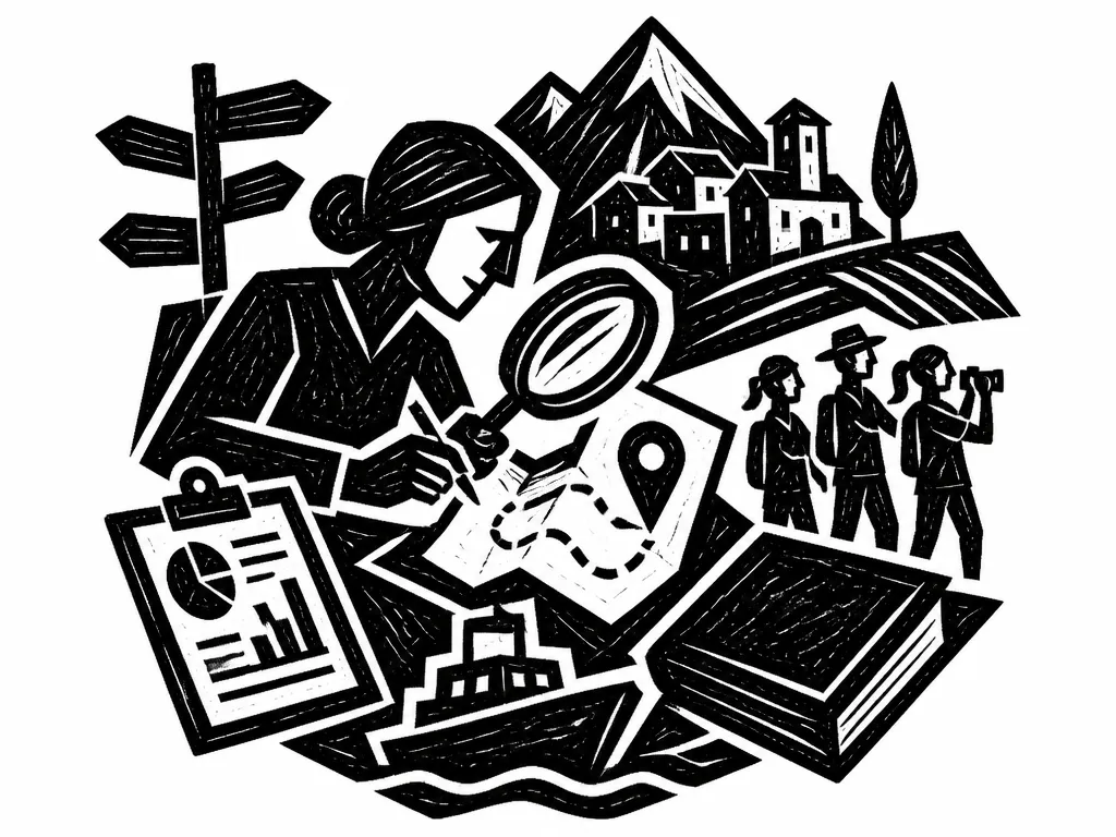 Tourism research woodcut icon