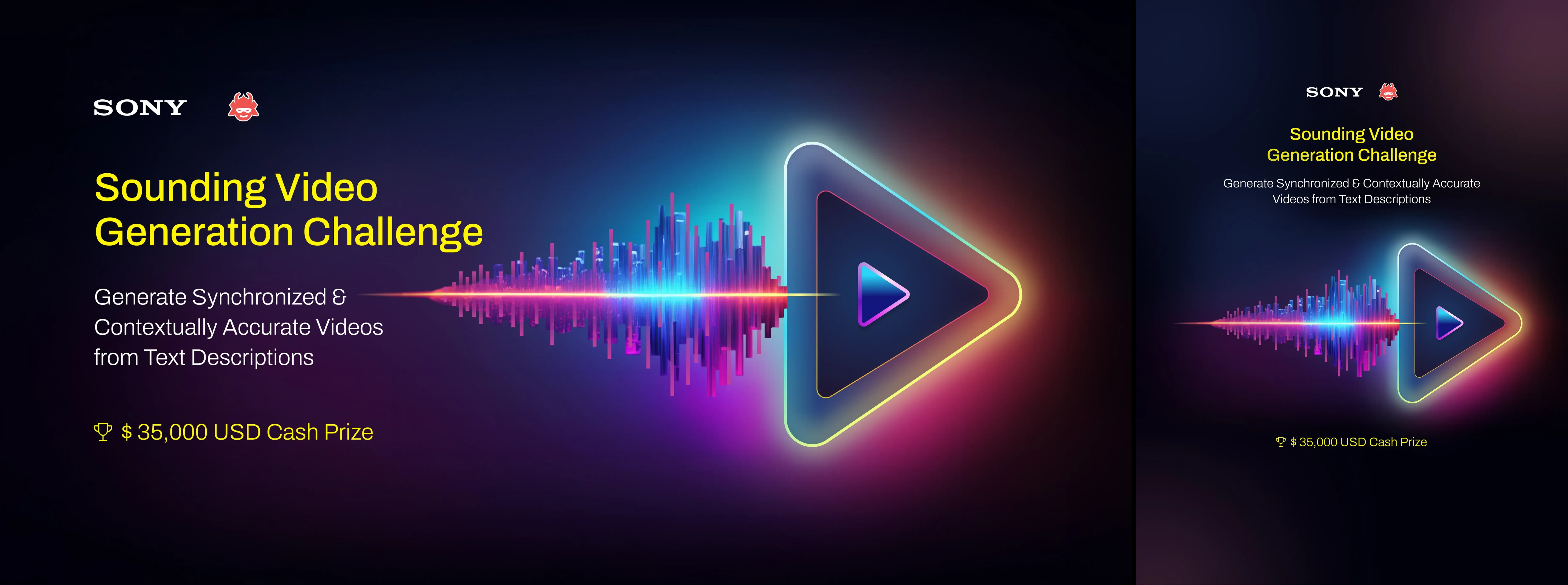 Sounding Video Generation Challenge banner set: the wide banner and the square link-preview banner side by side, Sony and AIcrowd marks, the challenge title, an audio waveform blending into a glowing play button, $35,000 USD cash prize