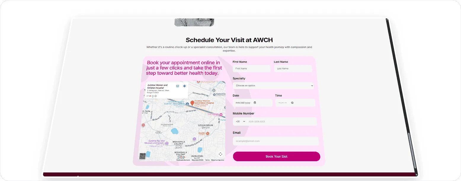 AWCH appointment booking screen — Schedule Your Visit at AWCH, a short guided form for choosing a doctor and slot
