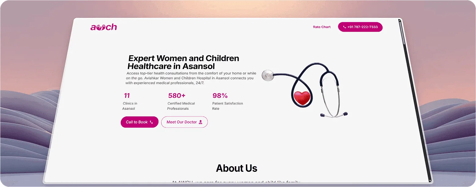 The AWCH website homepage — Expert Women and Children Healthcare in Asansol, with departments and emergency contact surfaced up front