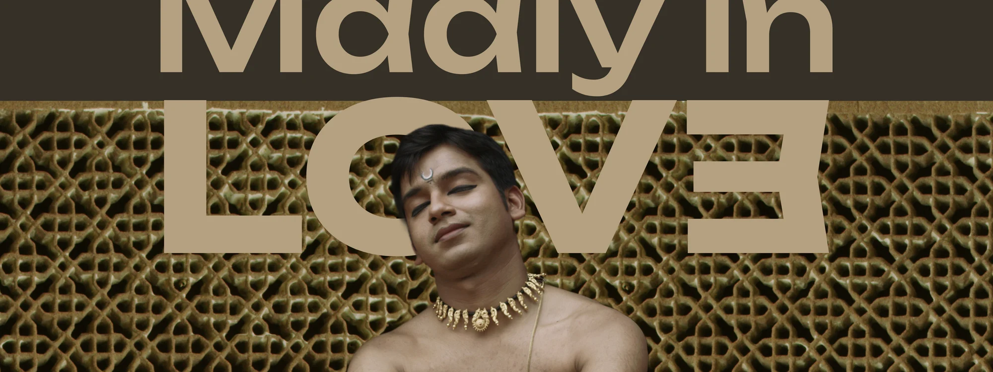 Madly in Love: promotional cover for a Bhagyam Arts programme, a dancer in gold jewellery against a carved jali screen