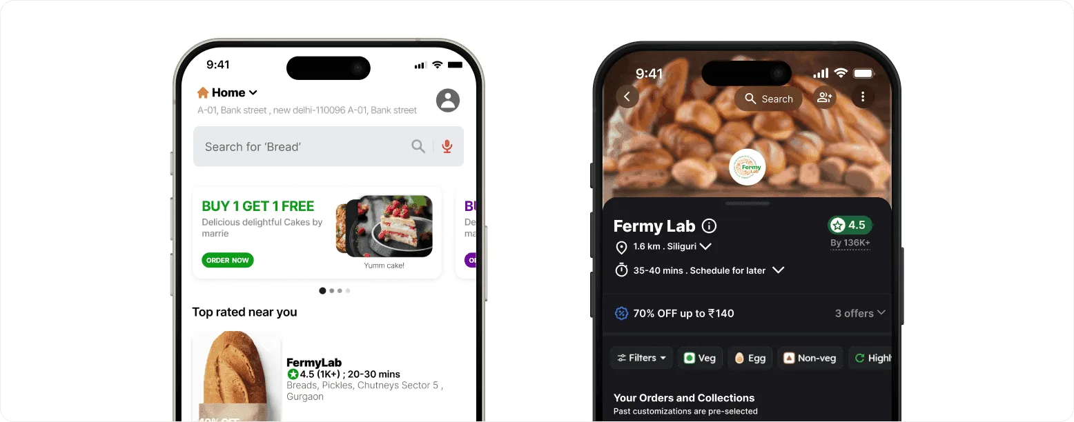 Delivery app listings — Fermy Lab product cards, metadata and icons tuned for dark-mode smartphone food-delivery interfaces