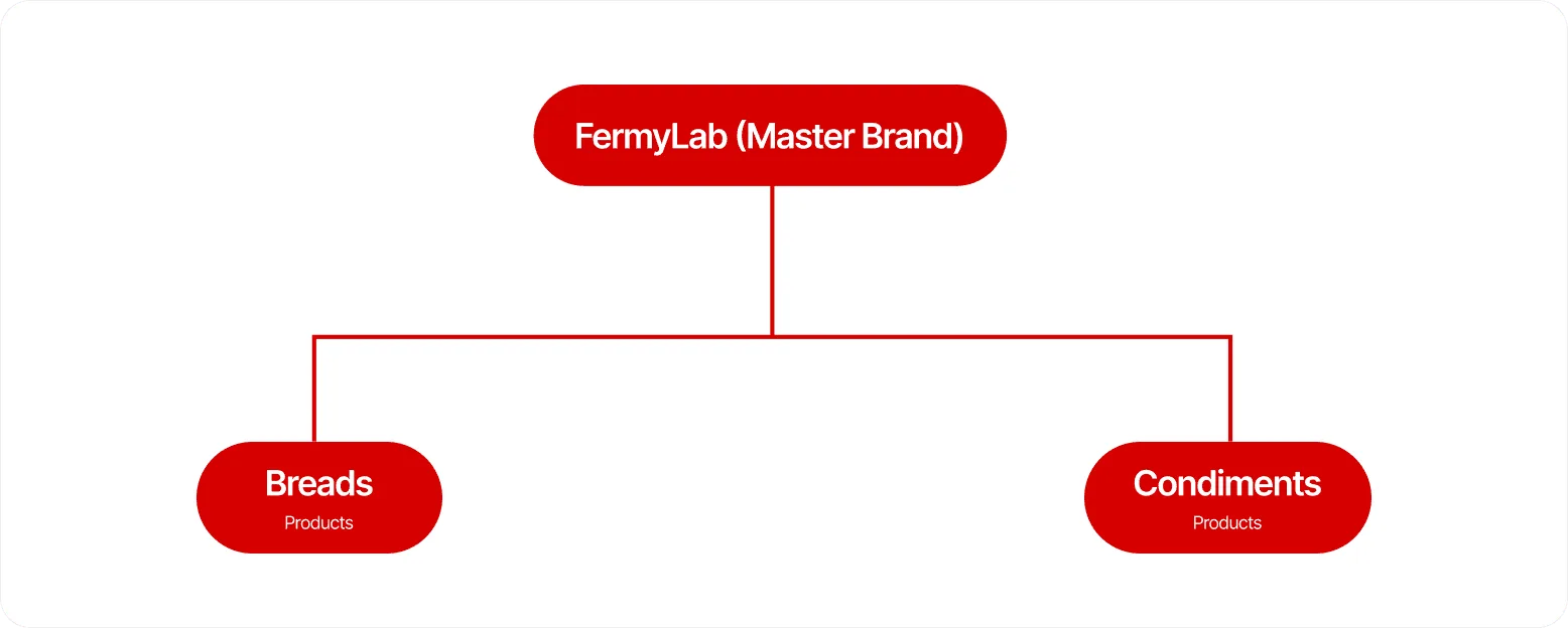 Parent-brand architecture diagram — the Fermy Lab master mark sitting above two product tracks, Breads and Condiments, each with its own product line labelling