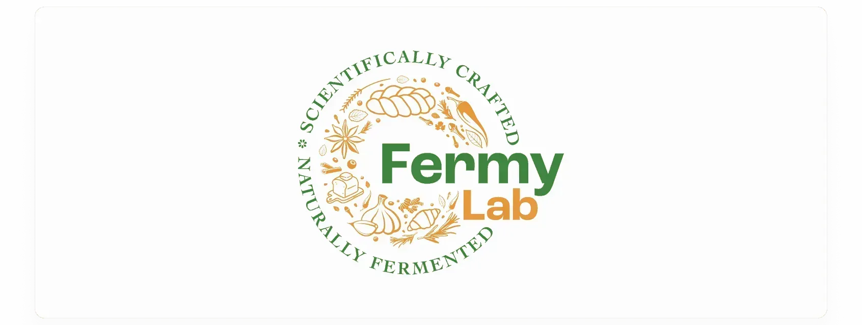 The master badge lockup — a circular Fermy Lab stamp ringed by an illustrated wreath of challah bread, garlic, star anise, cloves and chilis