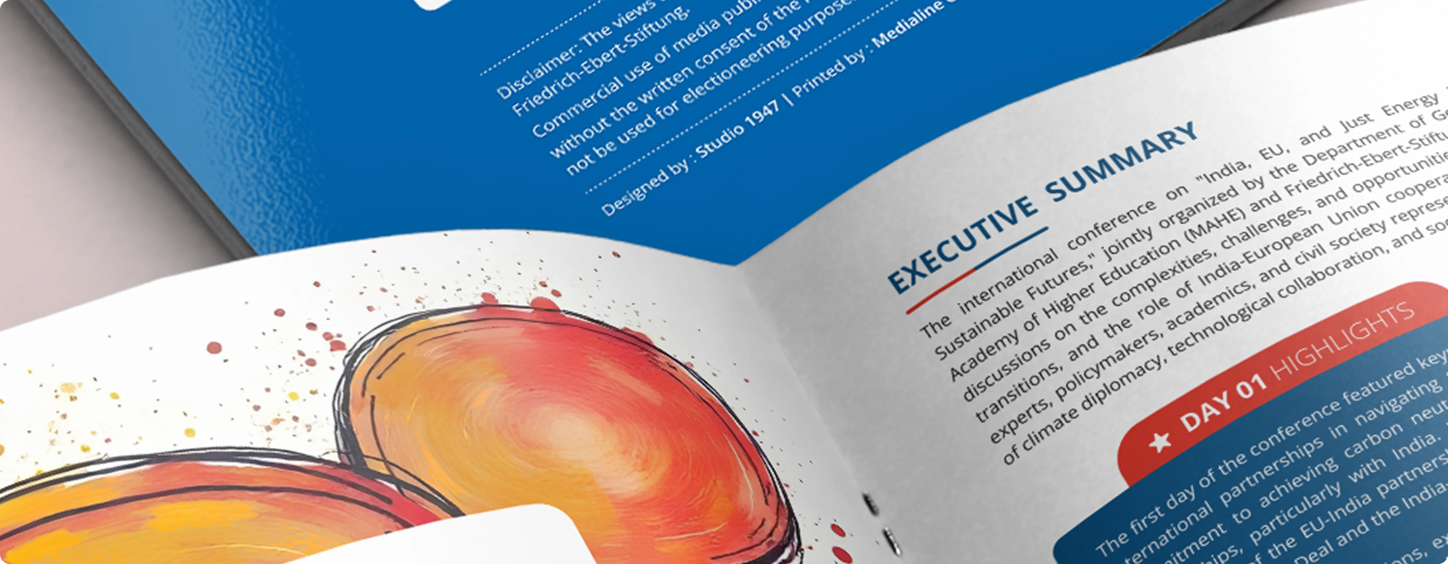 Close-up of the report open at the executive summary and the credits page, with orange watercolour illustrations on the facing page