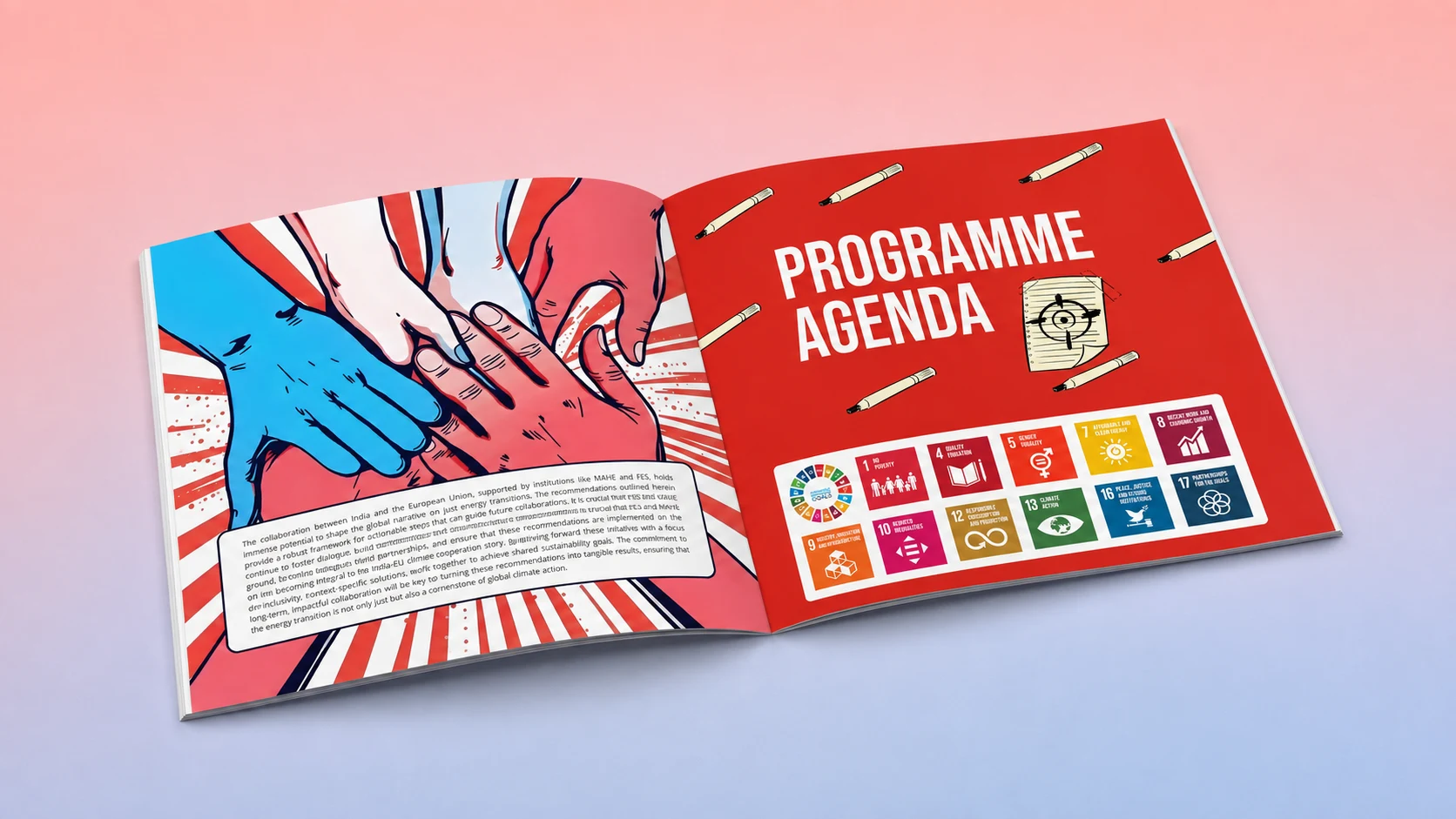 Programme agenda spread: an illustrated handshake of hands in different skin tones beside the red Programme Agenda page with UN Sustainable Development Goal icons