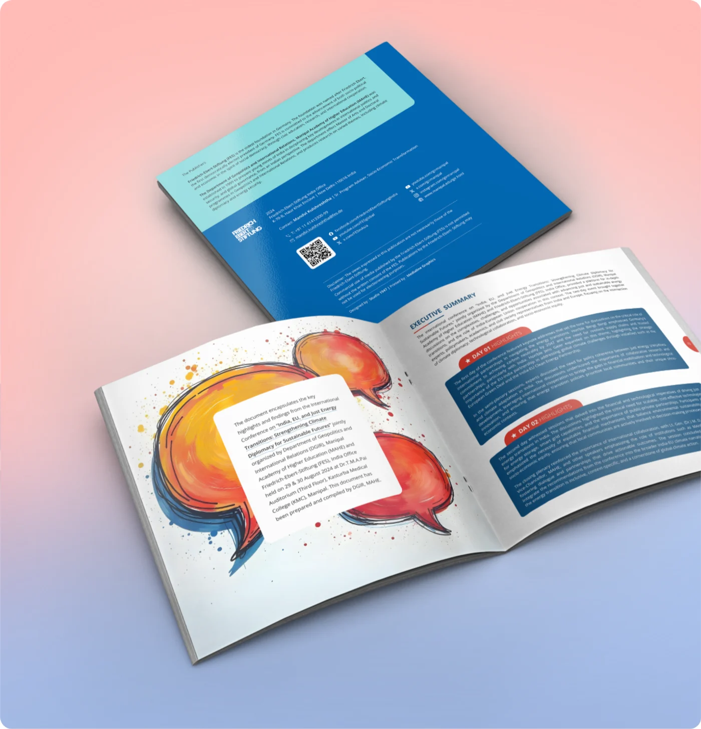 The report's blue back cover beside an open spread with orange watercolour speech-bubble illustrations