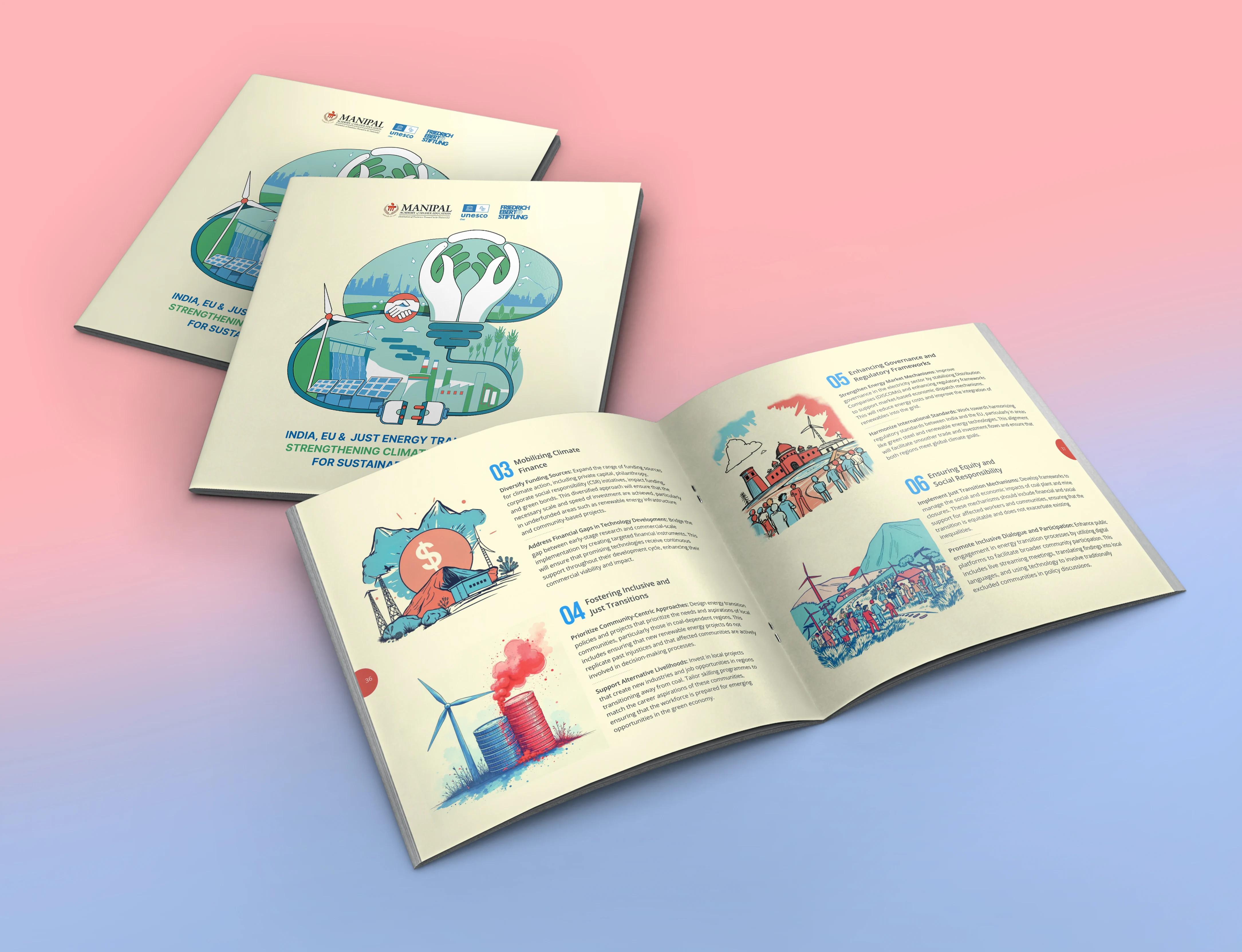 Two copies of the India, EU and Just Energy Transitions report fanned open on a pink-to-blue gradient, showing the front cover illustration and an inside recommendations spread