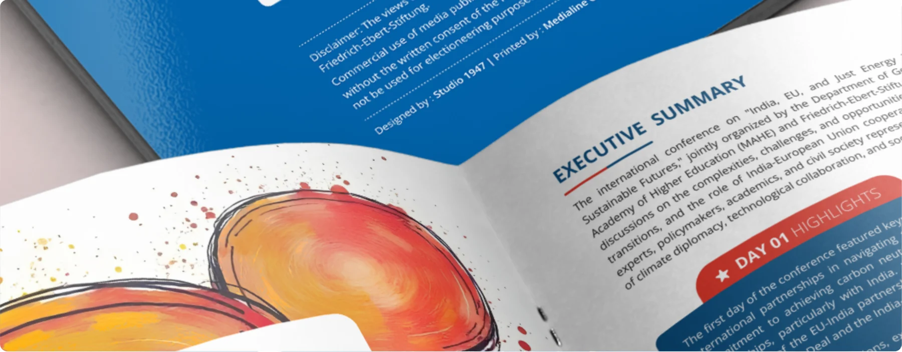 Close-up of the report open at the executive summary, with orange illustrations on the left page and the Day 01 highlights on the right
