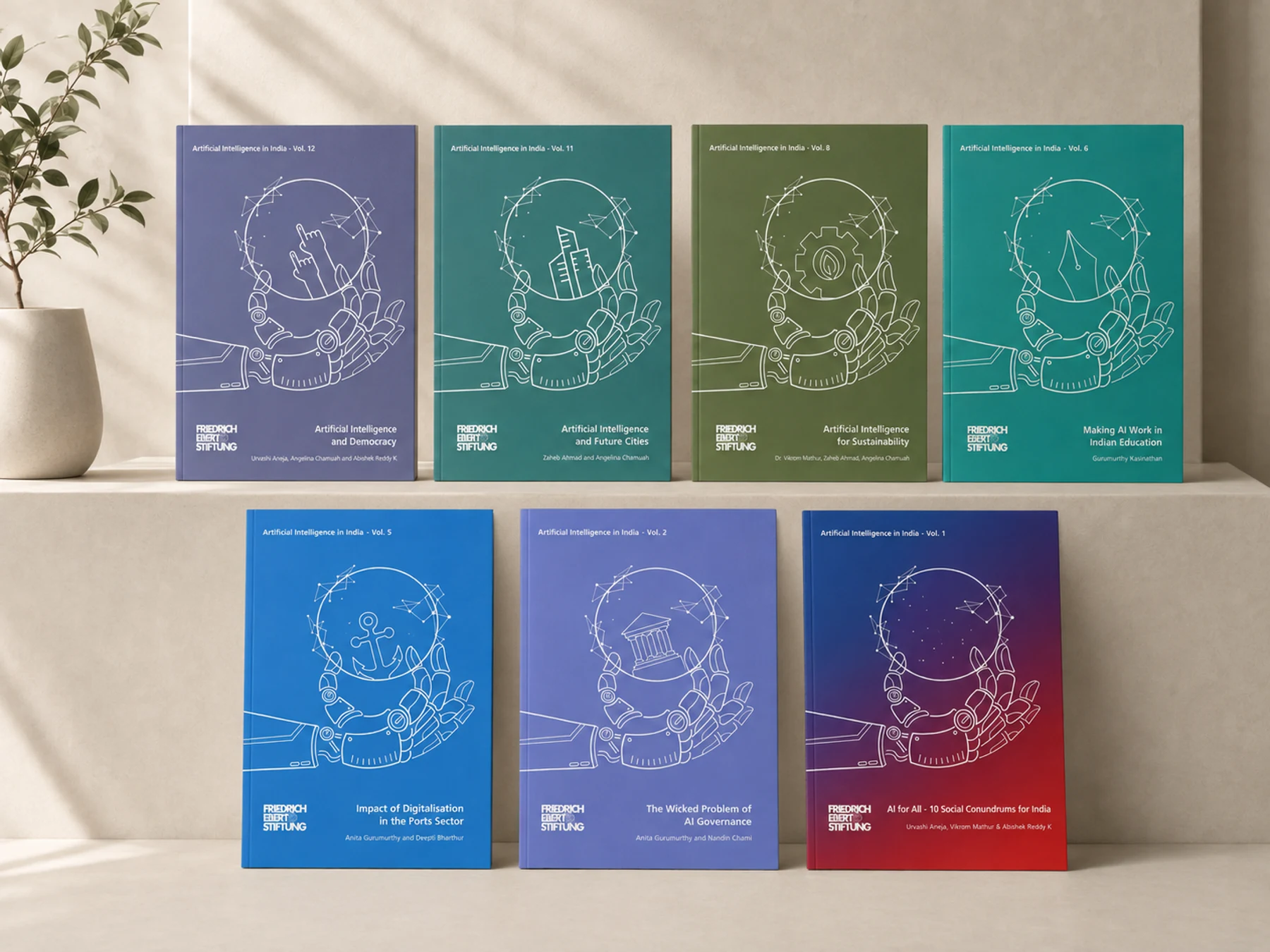 Seven covers from the Artificial Intelligence in India series, each a robotic hand holding a sphere with the volume's icon