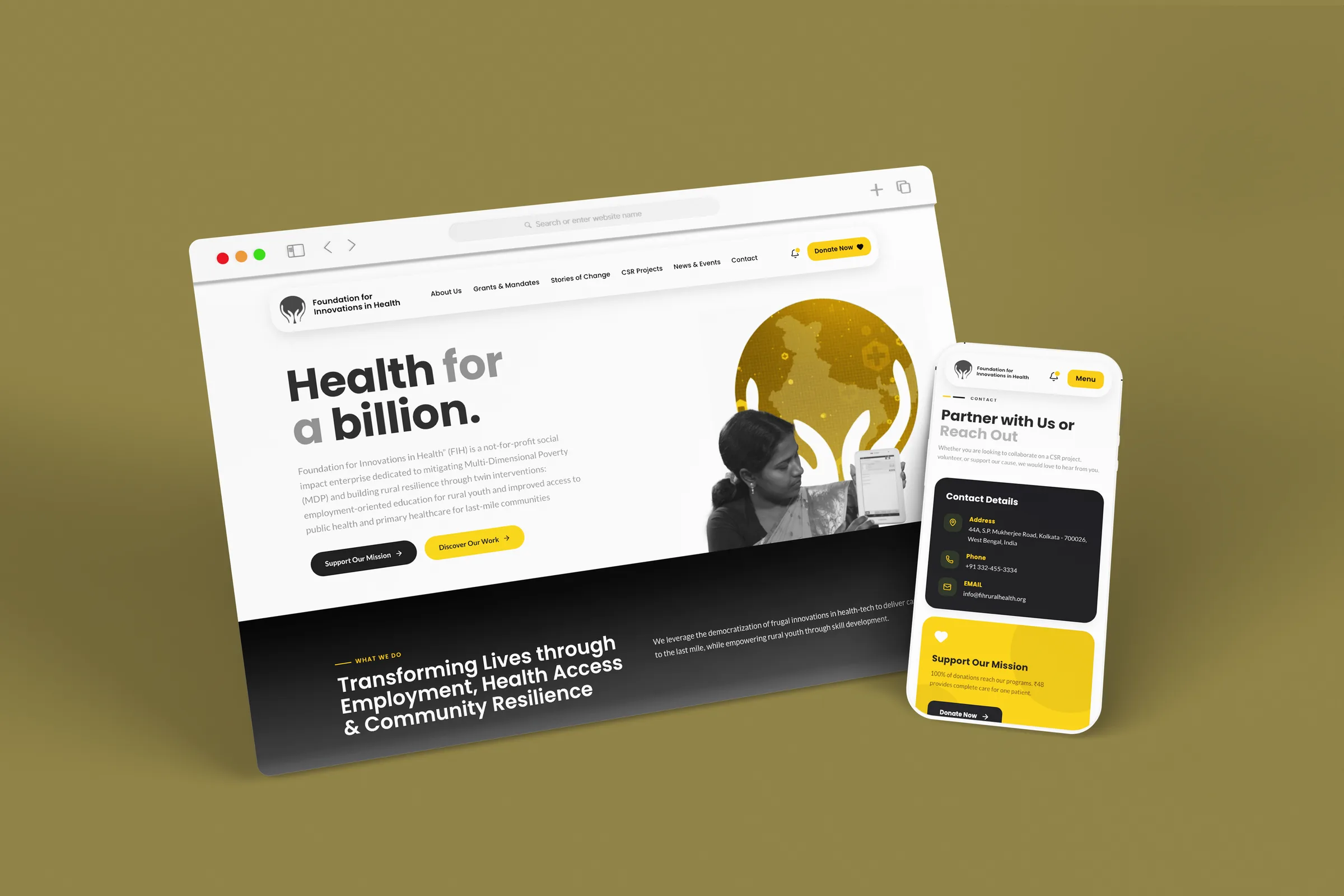 The Foundation for Innovations in Health website on desktop and mobile: the Health for a billion homepage beside the contact screen, on an olive ground