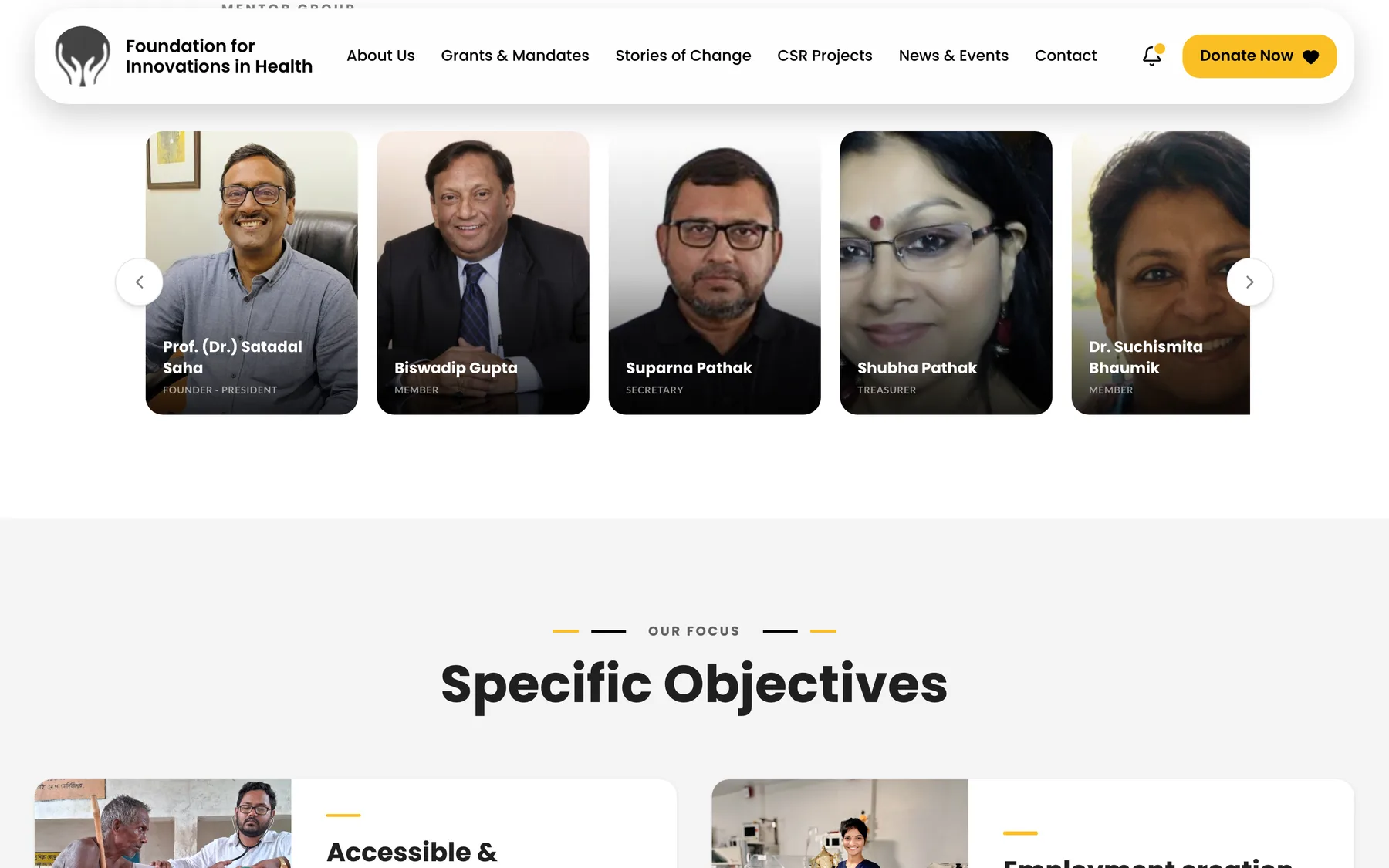 The FIH mentor group carousel showing named board members with their roles