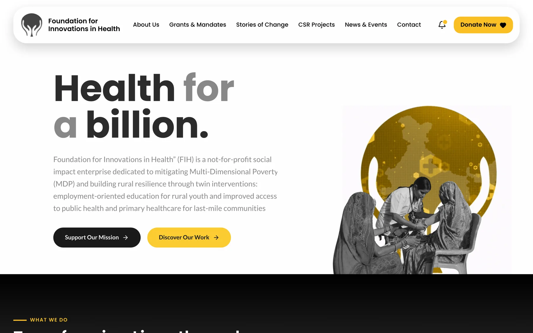 FIH homepage hero: the headline Health for a billion beside an illustration of hands holding a map of India