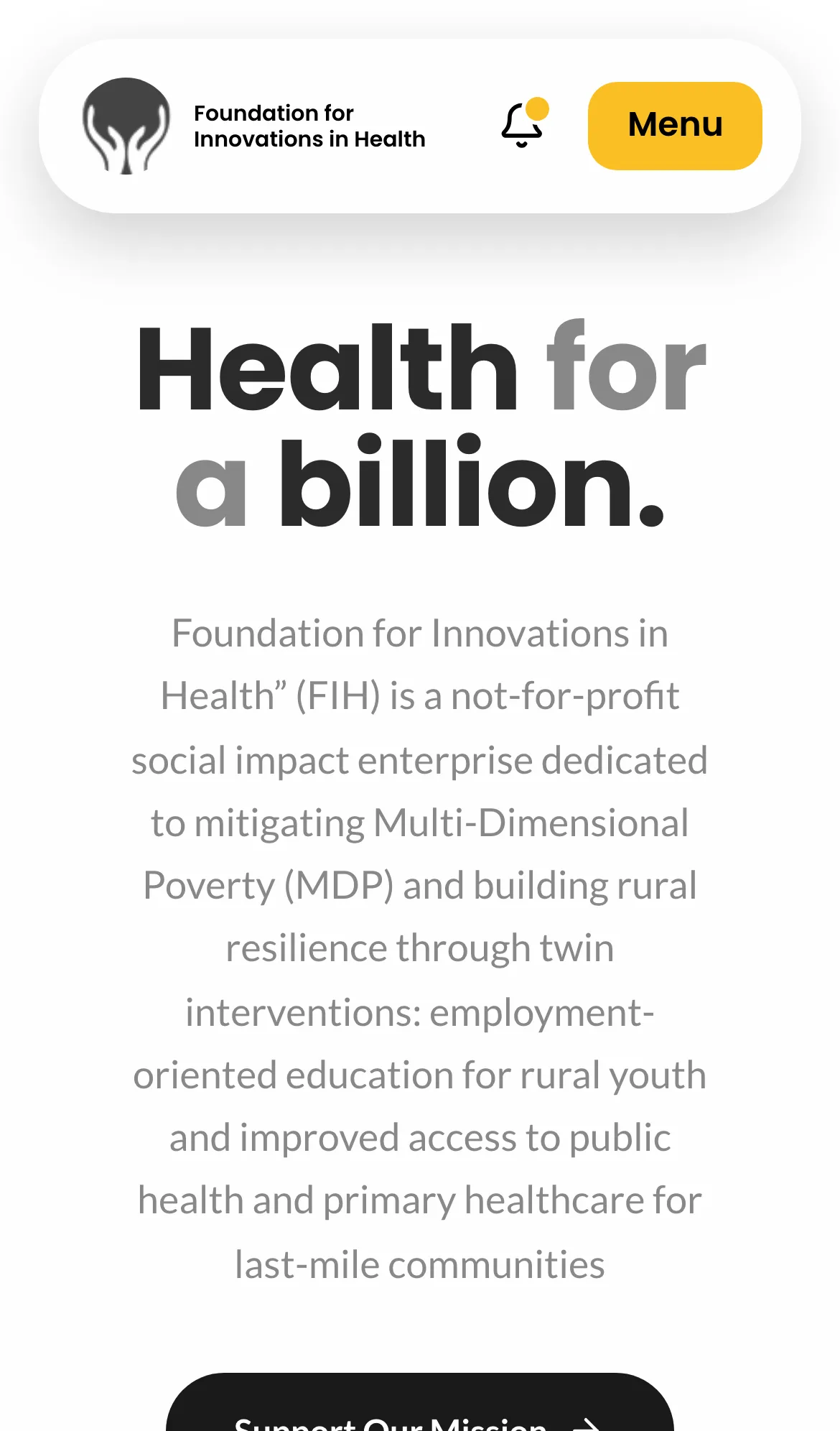 The FIH homepage on an iPhone, showing the collapsed navigation and stacked hero