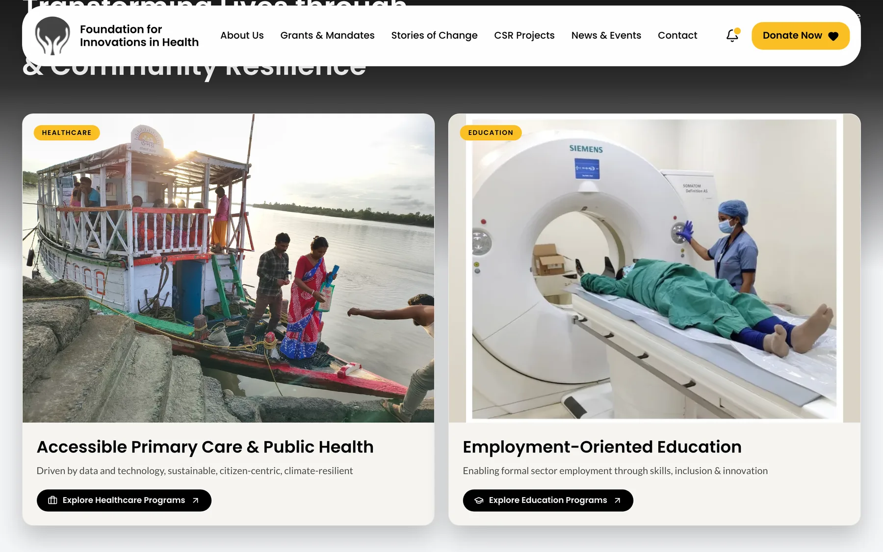 Two programme cards on the FIH homepage: Accessible Primary Care and Employment-Oriented Education