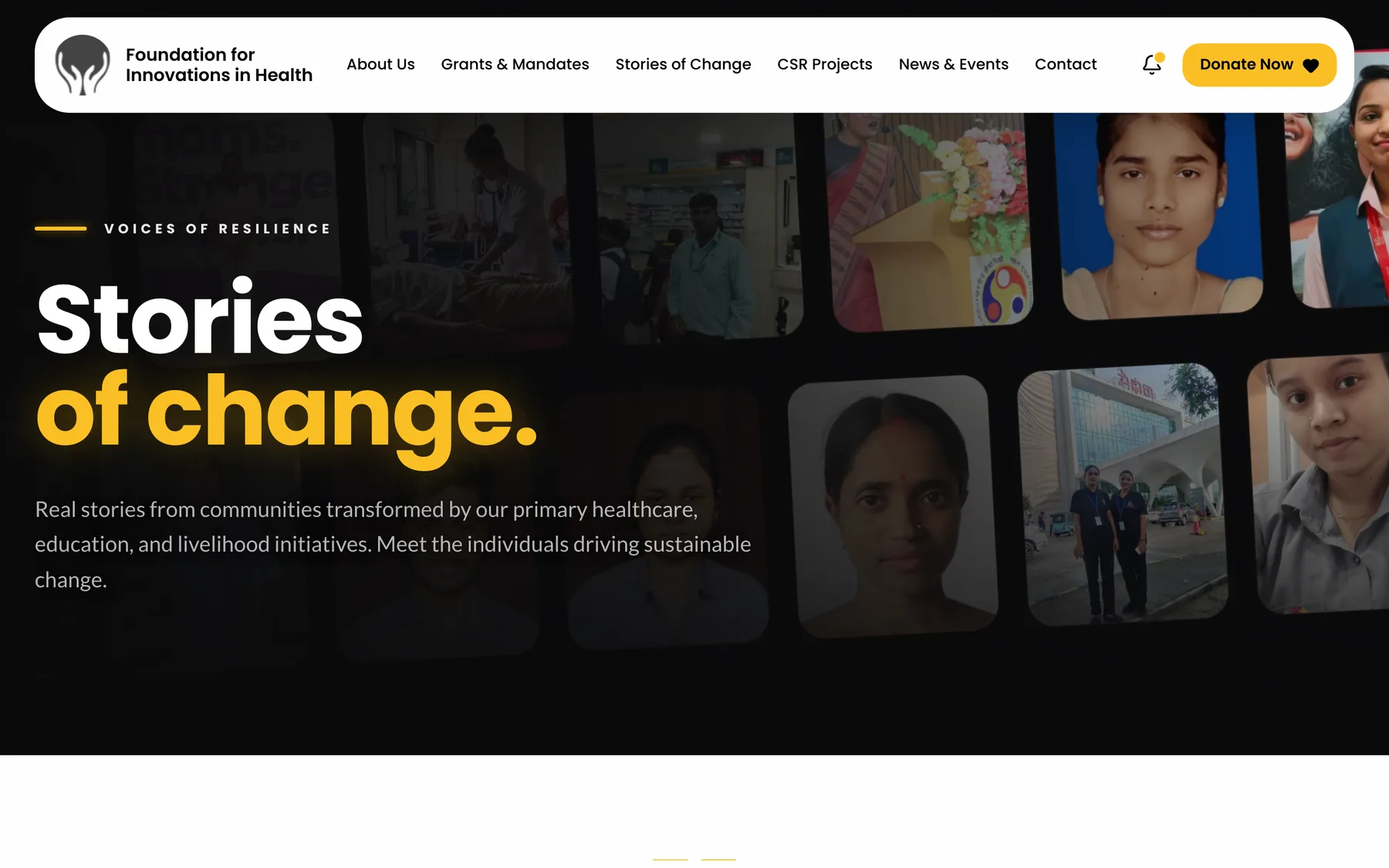 The Stories of Change page, a dark wall of portraits from FIH programmes