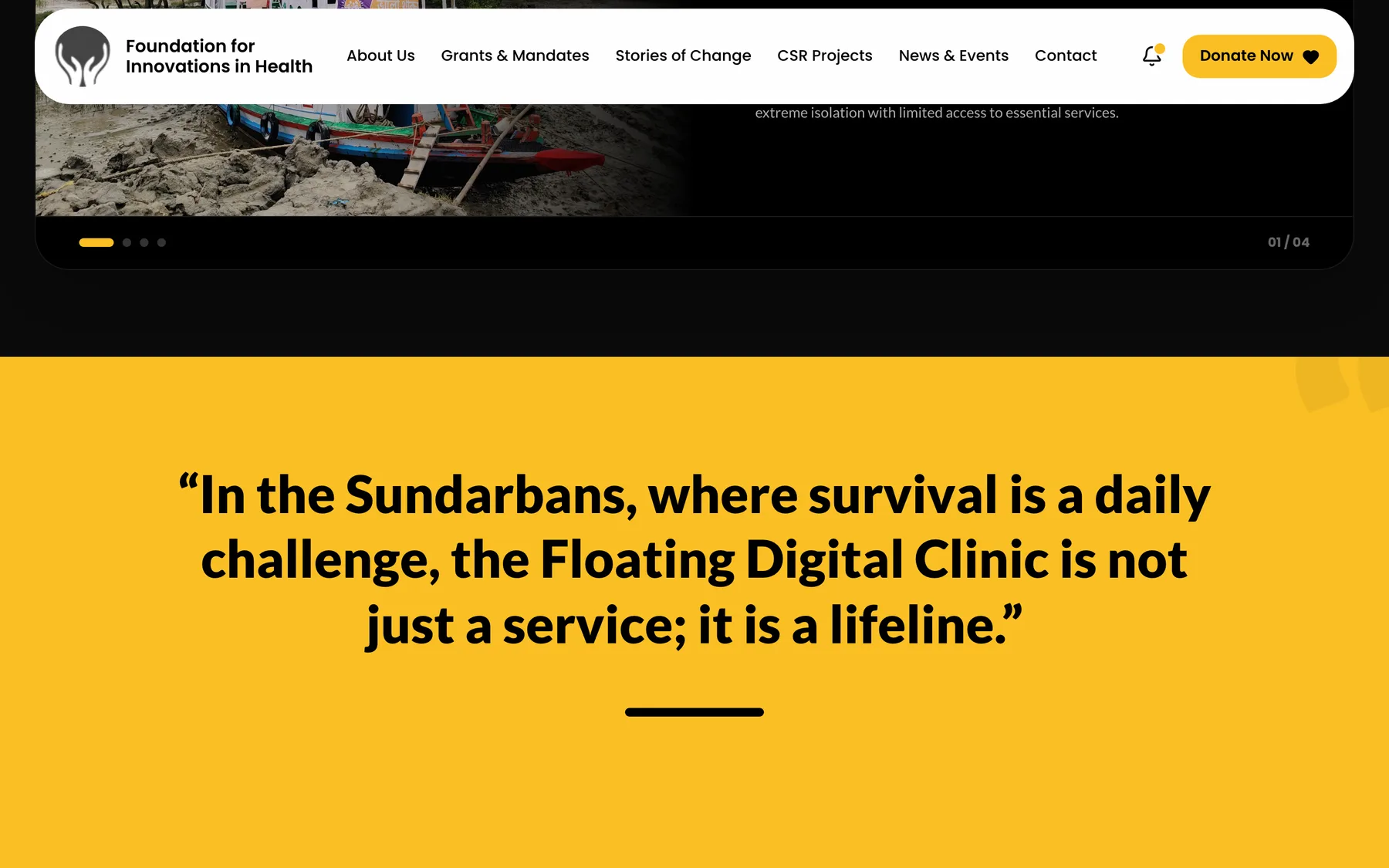 A full-width pull quote about the Floating Digital Clinic being a lifeline in the Sundarbans