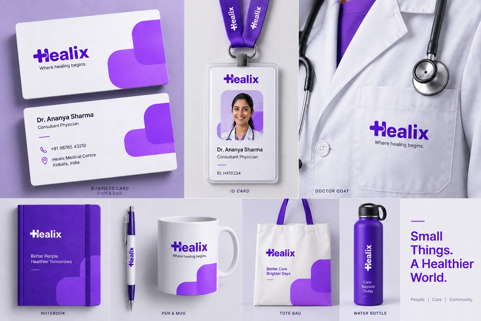 Healix brand collateral: business card front and back, staff ID card, doctor's coat with embroidered logo, notebook, pen, mug, tote bag and water bottle, closing on the line 'Small Things. A Healthier World.'