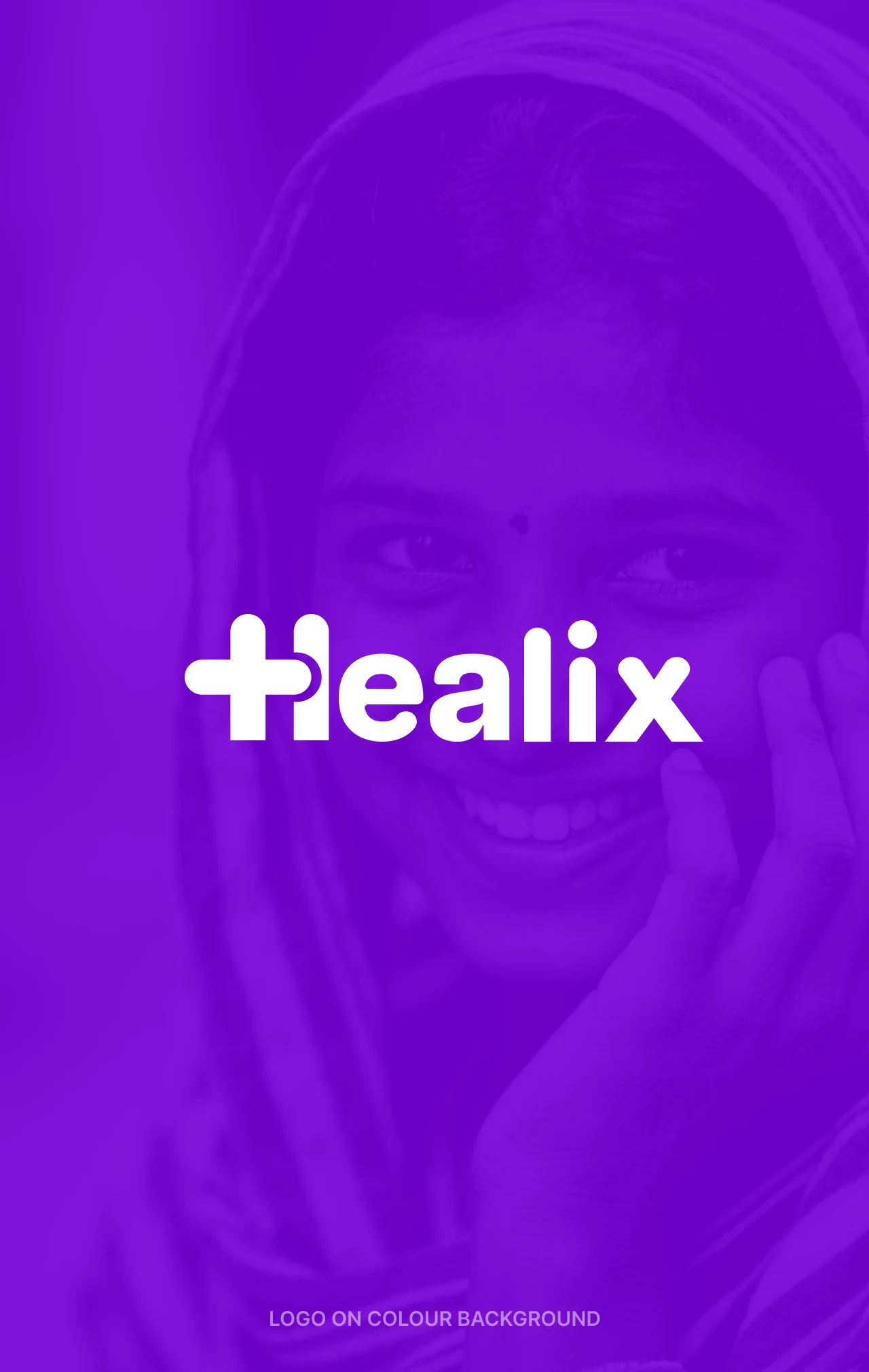 The Healix wordmark set over a purple-duotone portrait, logo on colour background